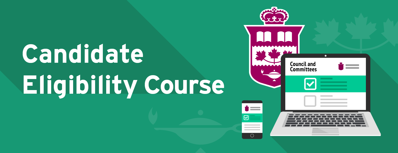 Graphic for Council eligibility course. College crest and a smartphone and laptop with the logo on them. 
